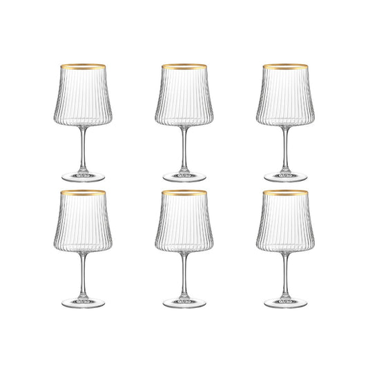 Set of six clear wine glasses with gold rims on a white background