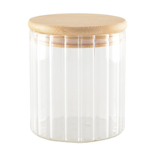 Clear glass jar with a wooden lid on a white background cosy vibes