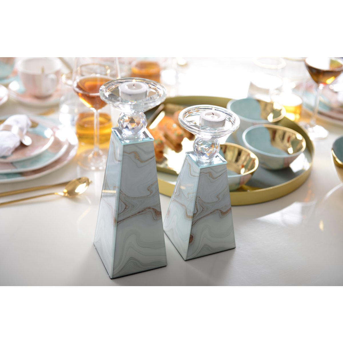 Decorative Marble-Style Candle Holder Gold Glass Table Accent | CozyVibes