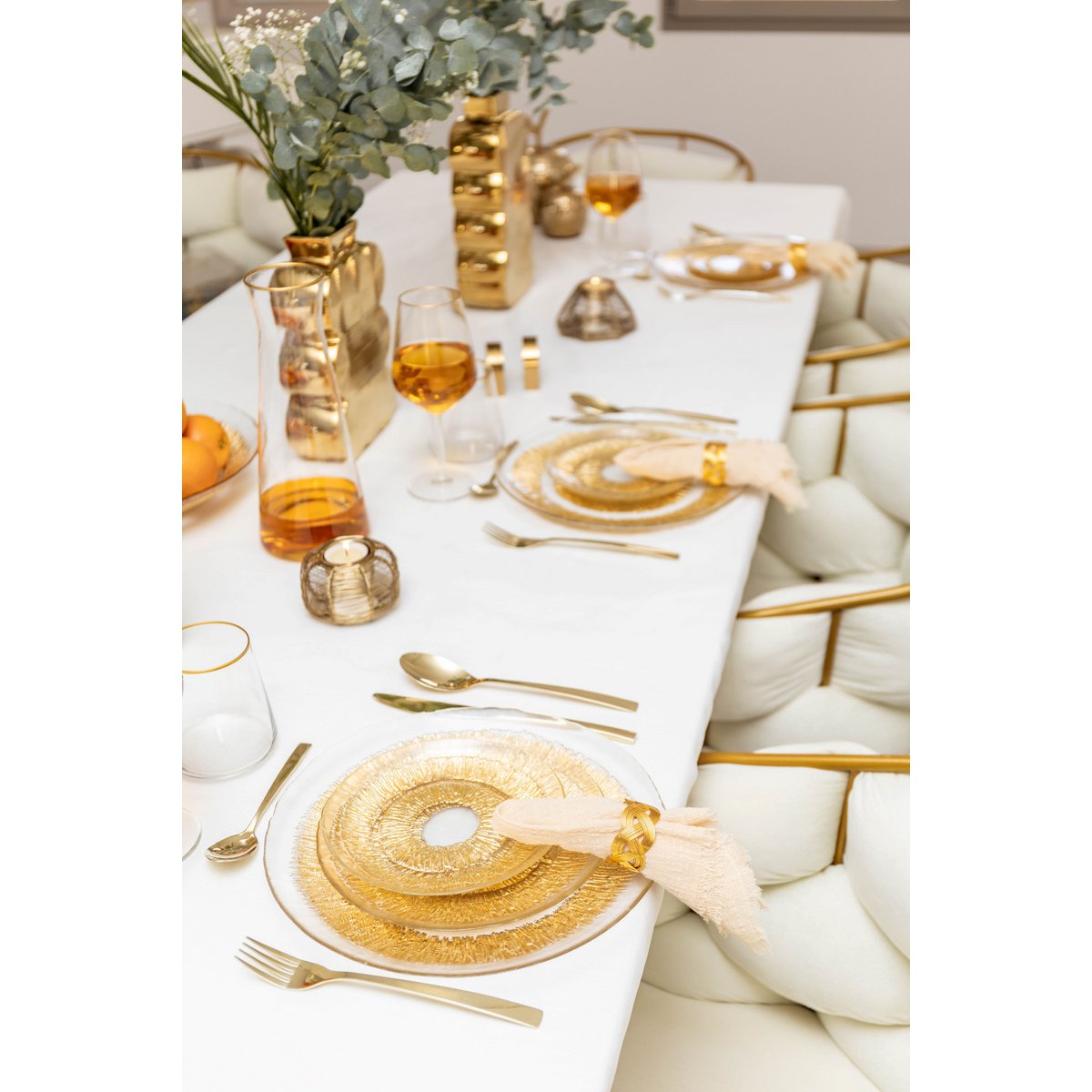 Elegant round golden glass dinner plate, ideal for stylish tableware and home decor | CozyVibe