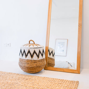 PALEM Laundry Basket with Lid – Large Round Woven Boho Hamper - CozyVibe.eu