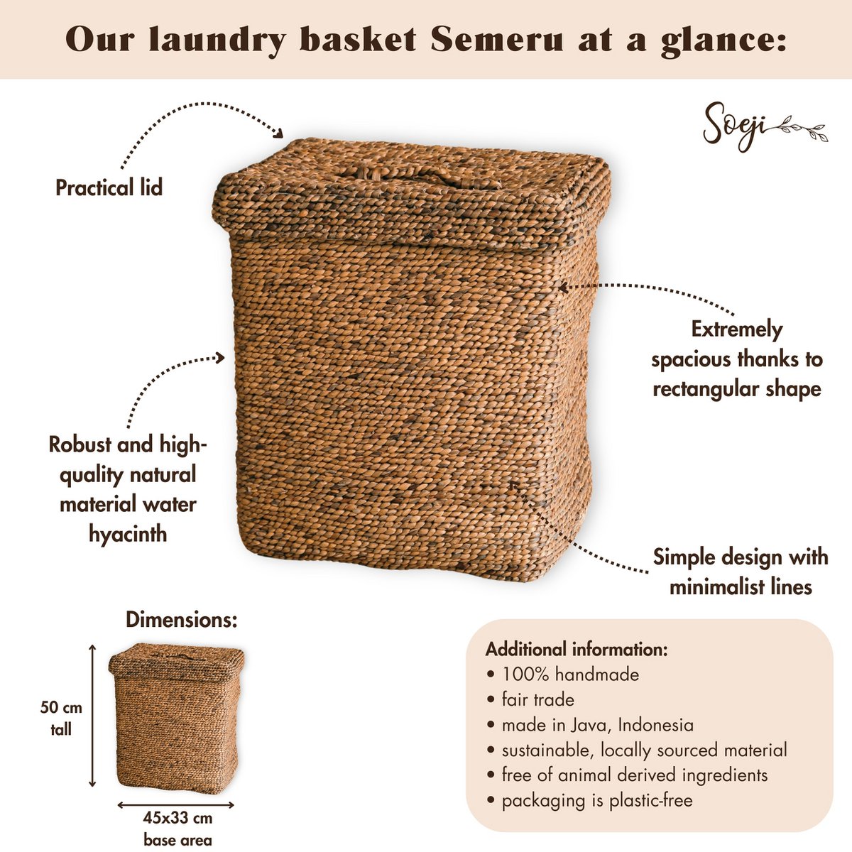 SEMERU Large Laundry Basket with Lid – Handmade Rectangular Woven Hamper - CozyVibe.eu