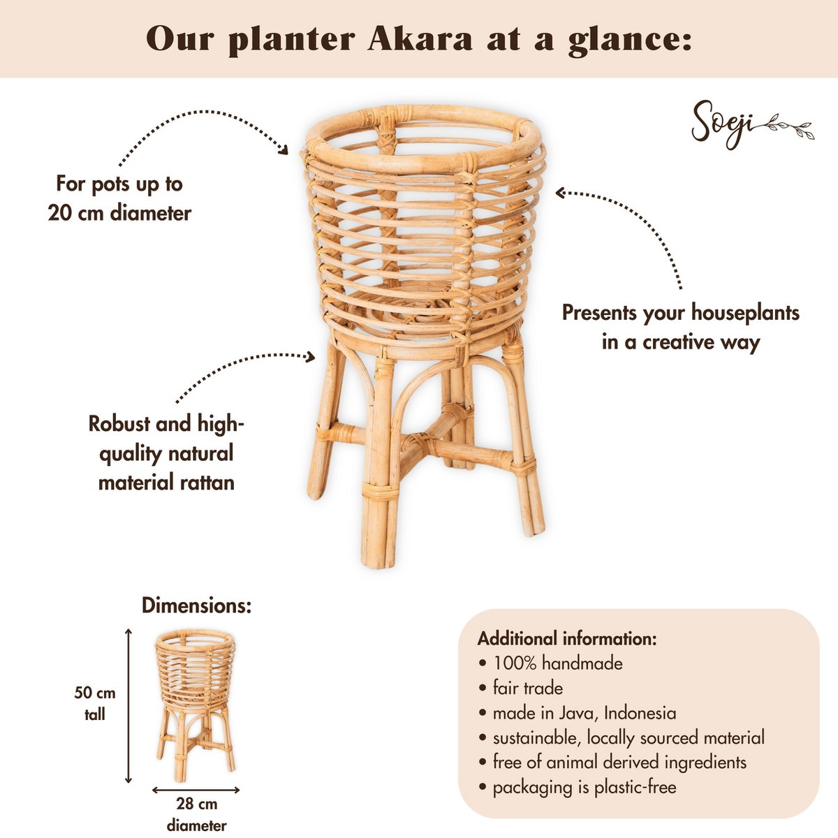 Rattan Plant Stand Round – Boho Planter – Rattan Plant Basket – Natural Flower Stand for Pots up to Ø20 cm AKARA