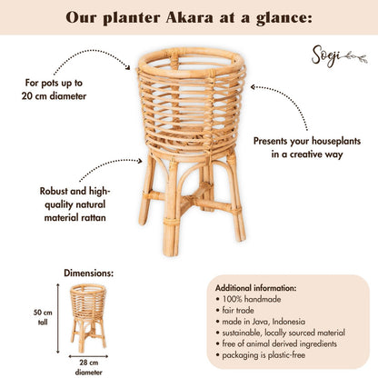 Rattan Plant Stand Round – Boho Planter – Rattan Plant Basket – Natural Flower Stand for Pots up to Ø20 cm AKARA