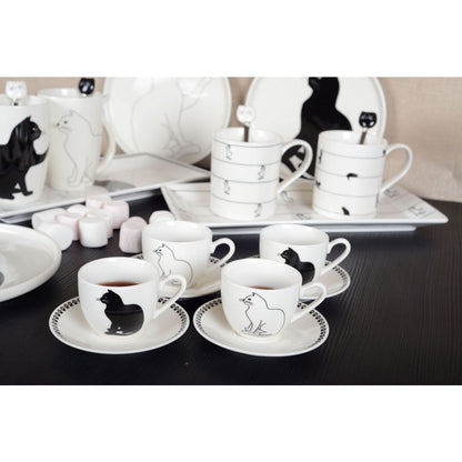 Coffee cups with black and white cat + saucers - Lot of 4