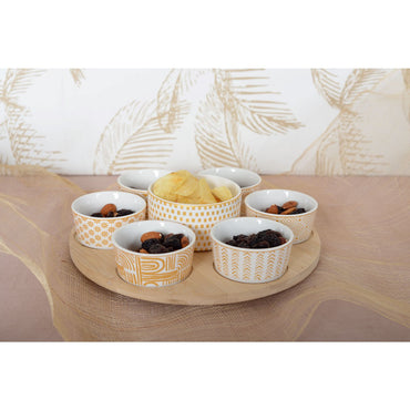 Snacks set of 7 bowls on round wooden tray