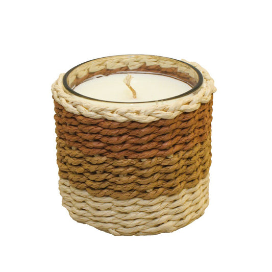 Brown and yellow braided glass candle with 10x10x10cm