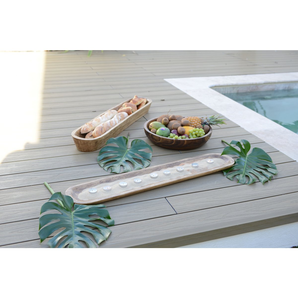 Long rectangular wooden decorative tray 100x9x2.5cm