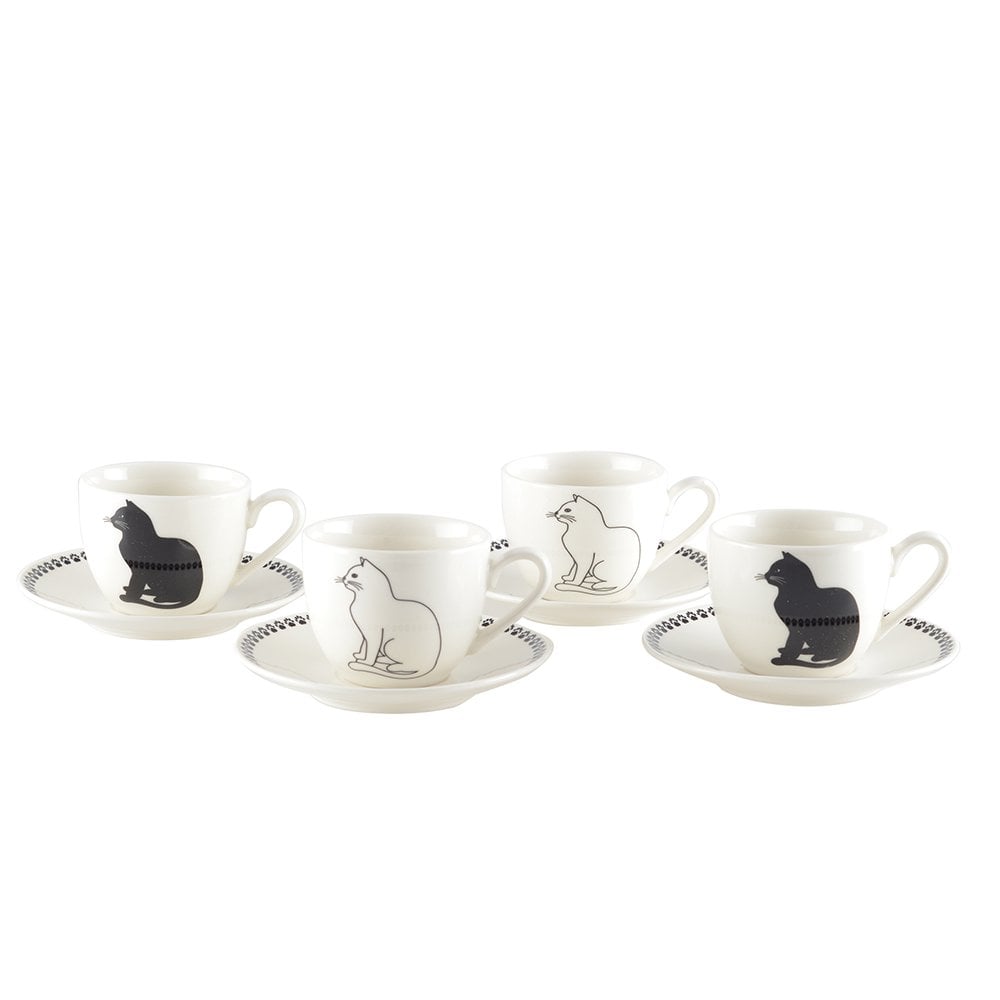 Coffee cups with black and white cat + saucers - Lot of 4