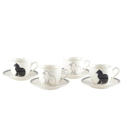 Coffee cups with black and white cat + saucers - Lot of 4