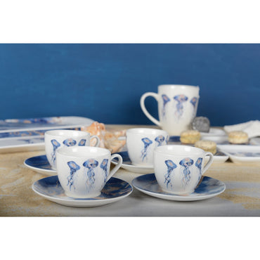 Set of 4 coffee cups with jellyfish + saucers