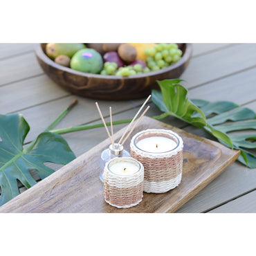 Brown and yellow braided glass candle with 10x10x10cm