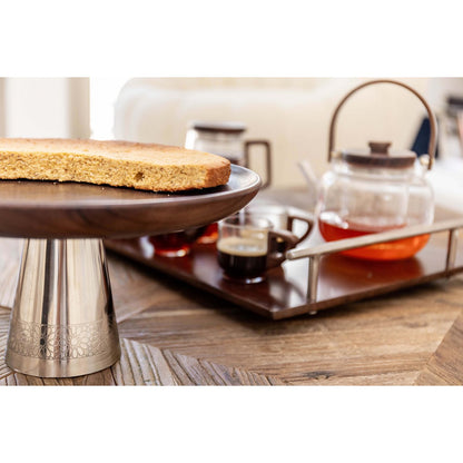 Wooden cake stand on silver metal foot 30x30x14.5cm