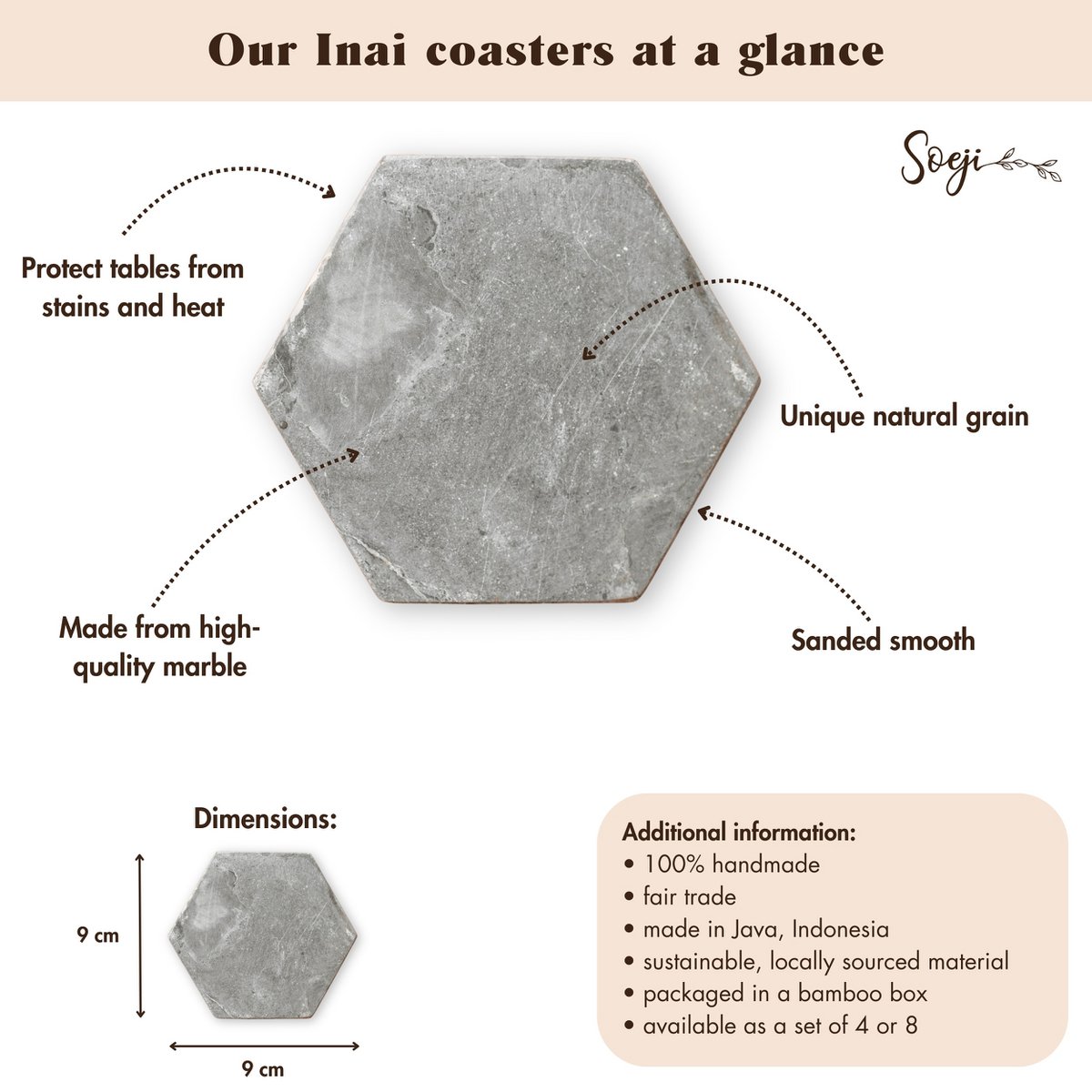 Marble Coasters Grey – Hexagonal Coasters for Mugs or Glasses – Handmade Coasters Set of 4 or 8 INAI (grey)