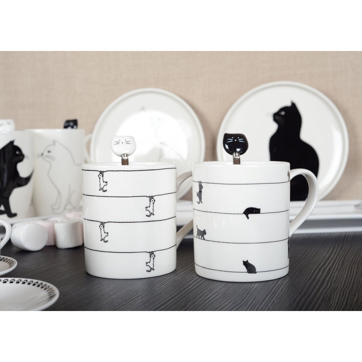 White tea cups with cat design - set of 2