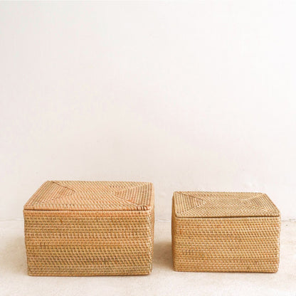 Storage Basket with Lid  – Shelf Basket made from Beige Rattan – Handwoven Decorative Basket GRAHA (2 sizes)