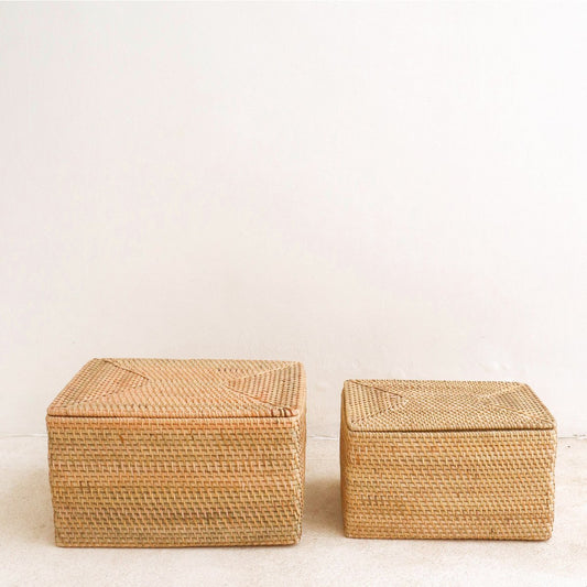 Storage Basket with Lid  – Shelf Basket made from Beige Rattan – Handwoven Decorative Basket GRAHA (2 sizes)