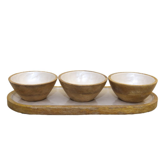 Snacks set of 3 bowls on a wooden tray
