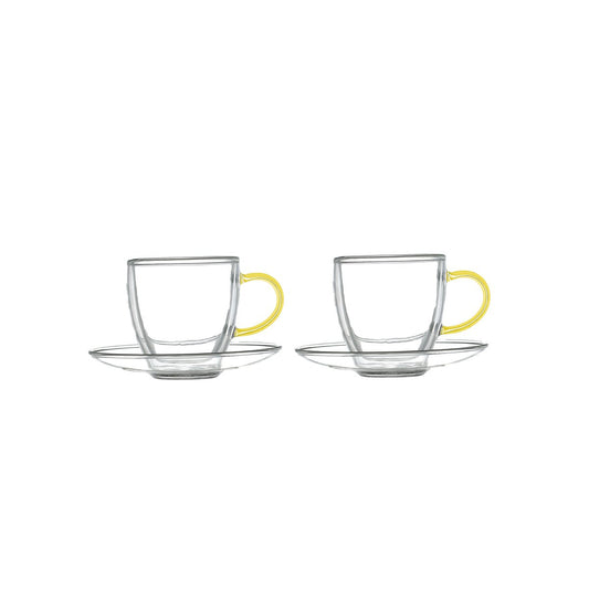 Lot of 2 espresso cups with double glass and yellow handle