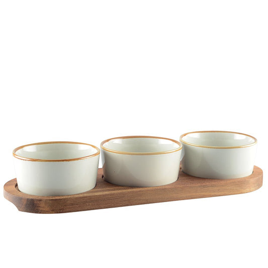 Snacks set of 3 bowls on a wooden tray 29x10x5.1cm