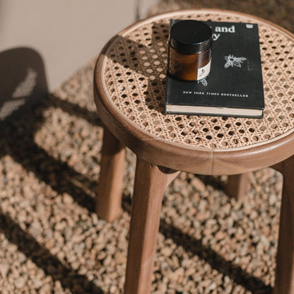 Wooden Stool CARAMIN made of Trembesi with a Seating Surface from Woven Rattan