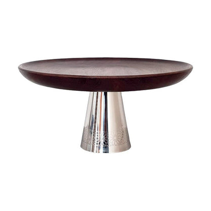 Wooden cake stand on silver metal foot 30x30x14.5cm
