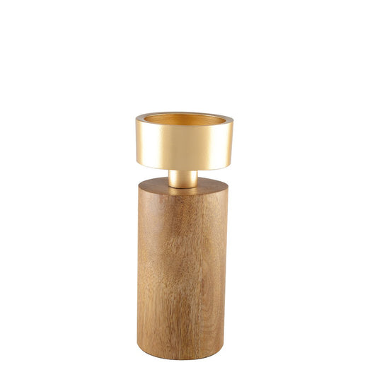Wooden and golden metal candle holder 19cm