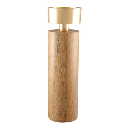 Wood and golden metal candle holder 27cm