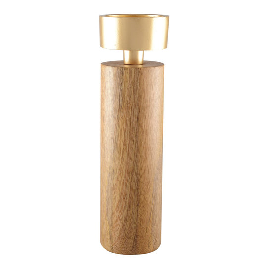 Wood and golden metal candle holder 27cm