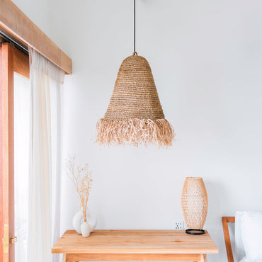 Raffia Boho Lampshade – Hanging Lamp – Pendant Light – Handwoven Ceiling Light with Long Fringes (3 sizes Ø 30/40/50 cm) KALIMA