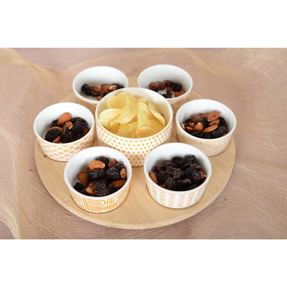 Snacks set of 7 bowls on round wooden tray