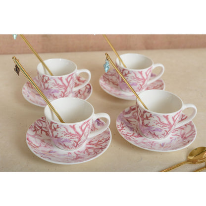 Set of 4 coffee cups and saucers - pink coral patters