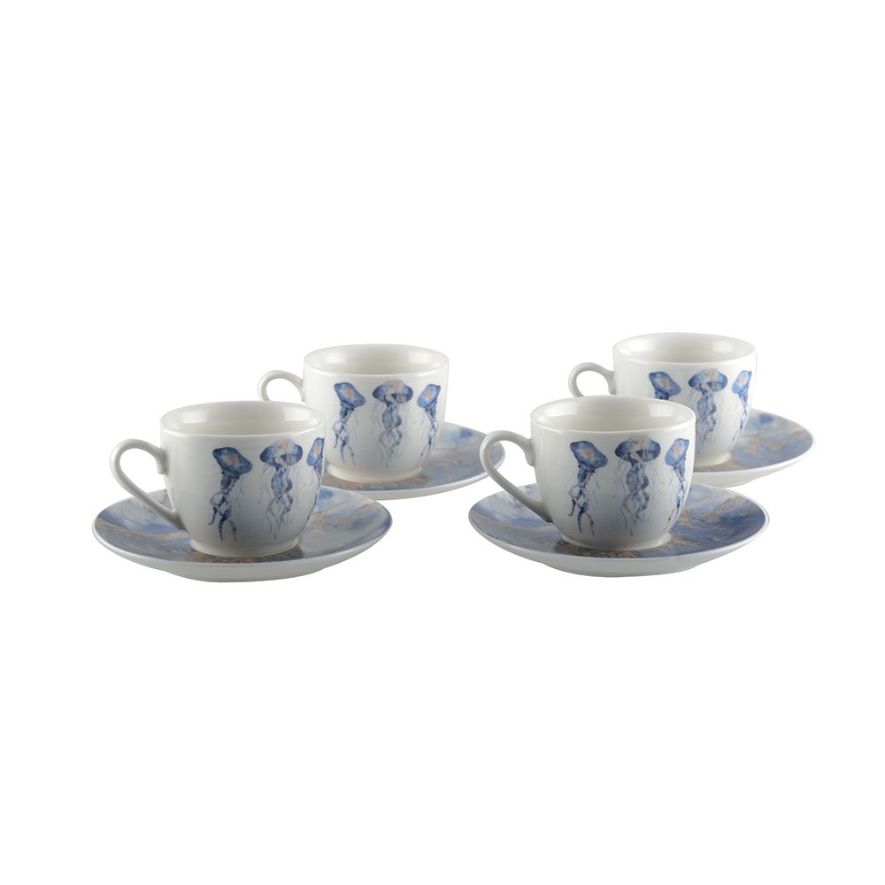 Set of 4 coffee cups with jellyfish + saucers