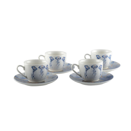Set of 4 coffee cups with jellyfish + saucers