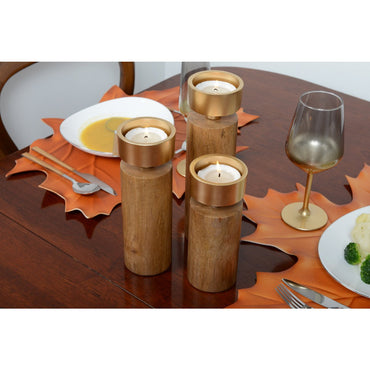 Wood and gold metal candle holder 23cm
