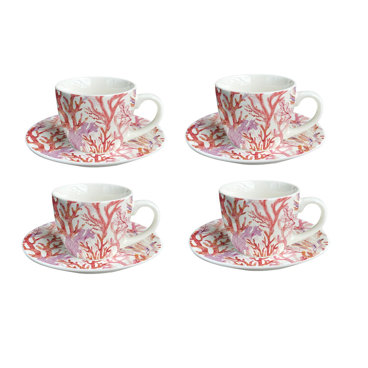 Set of 4 coffee cups and saucers - pink coral patters