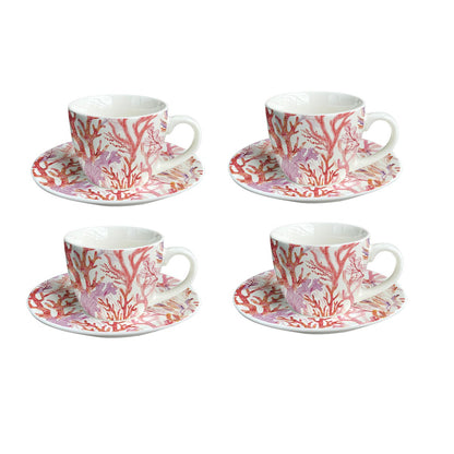 Set of 4 coffee cups and saucers - pink coral patters