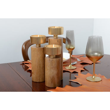 Wooden and golden metal candle holder 19cm