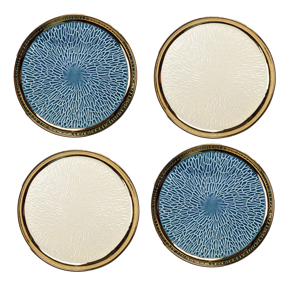 Dessert plate with gold edge 2 blue and 2 cream - Lot of 4