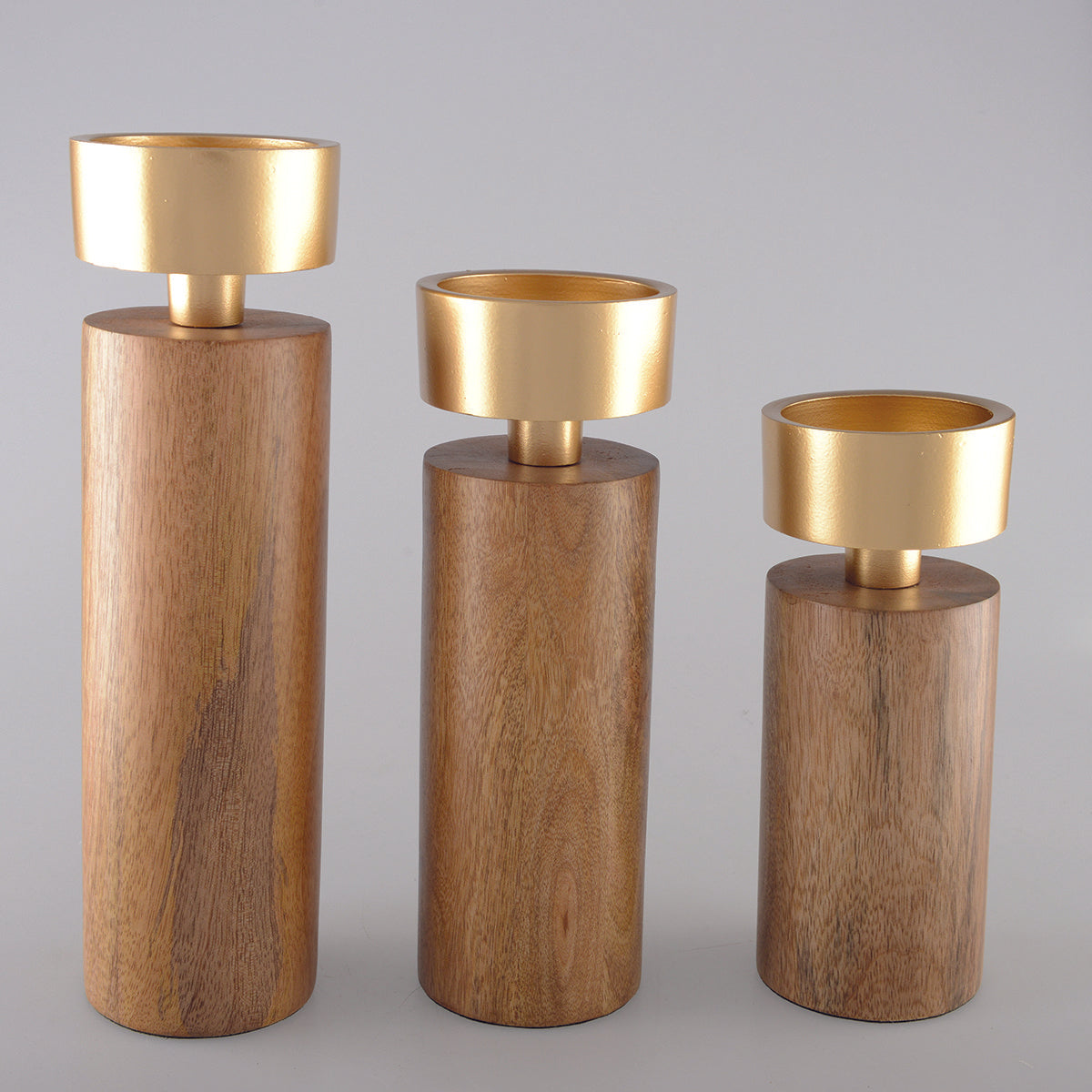 Wooden and golden metal candle holder 19cm