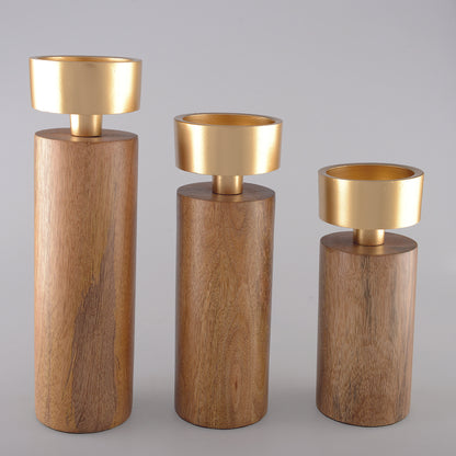 Wooden and golden metal candle holder 19cm