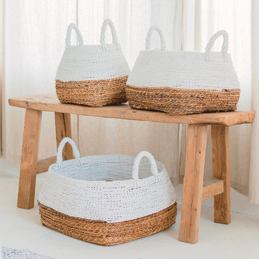 Woven Storage Basket White – Boho Decorative Basket – Square Laundry Basket – Shelf Basket Made of Banana Fibre MAJALENGKA white (3 sizes)