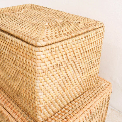 Storage Basket with Lid  – Shelf Basket made from Beige Rattan – Handwoven Decorative Basket GRAHA (2 sizes)