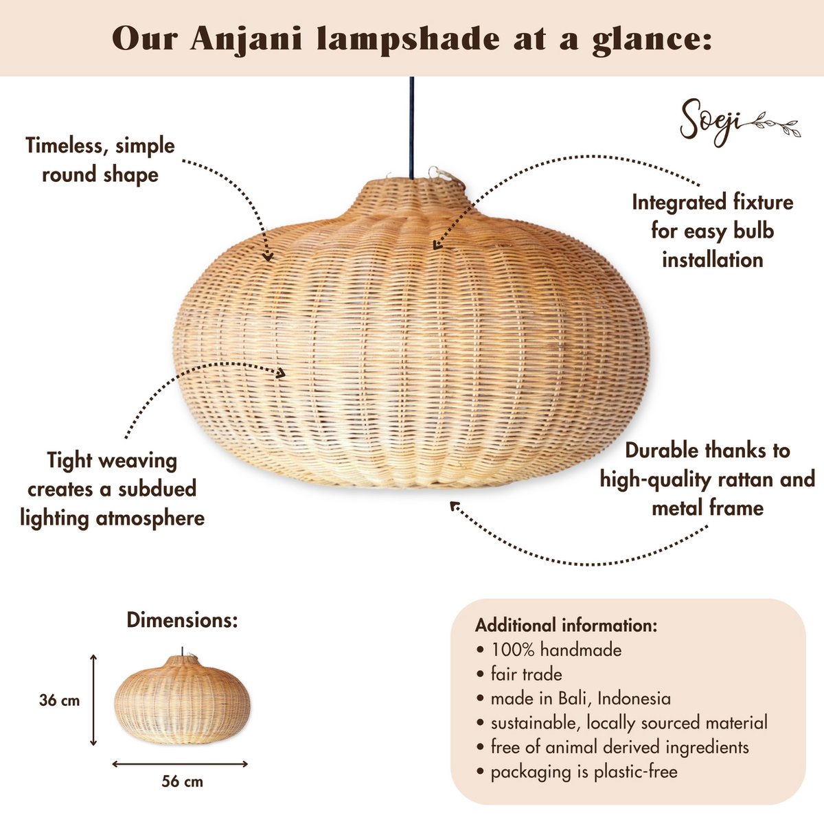 ANJANI rattan lampshade, eco-friendly handmade ceiling lamp for home decor