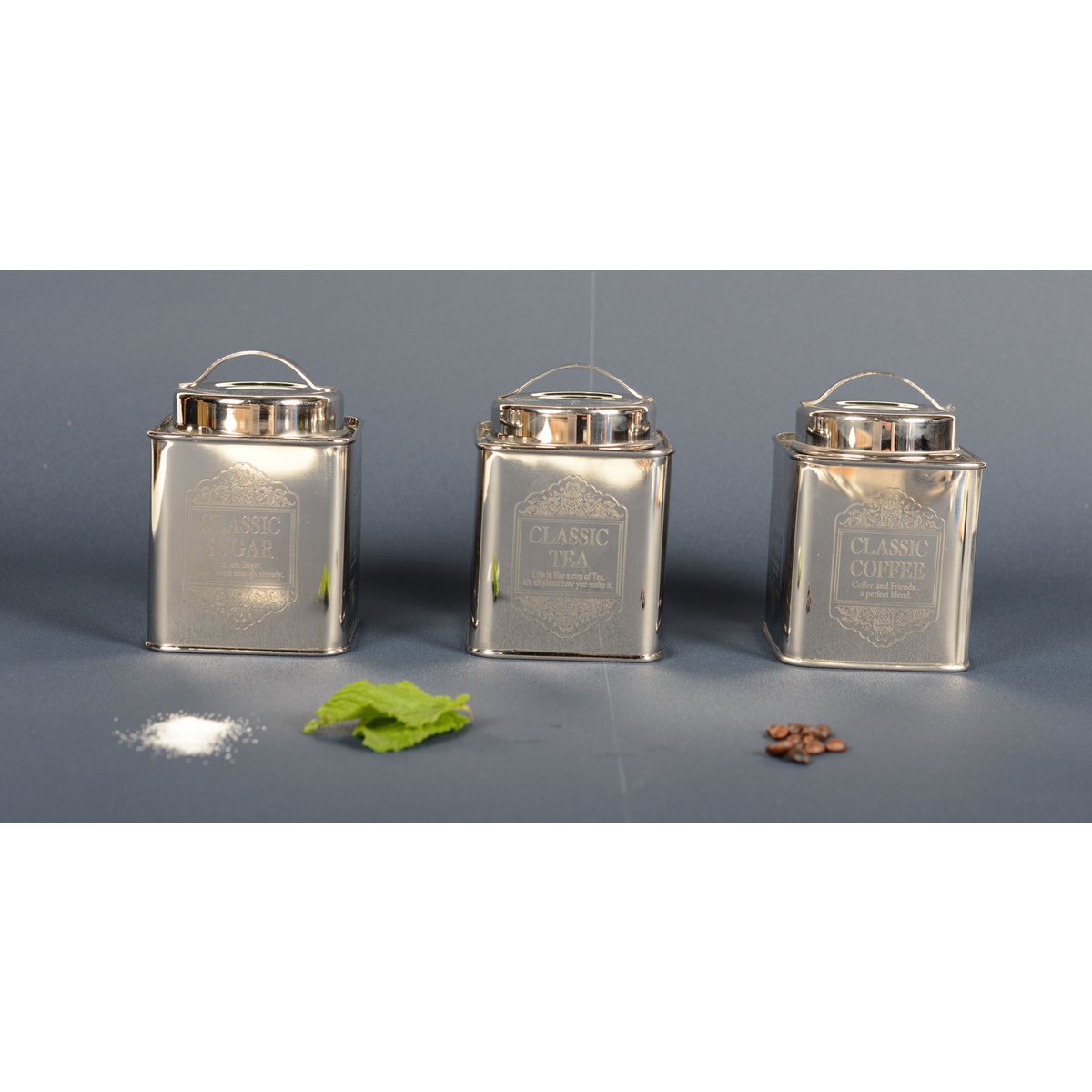 Shiny silver sugar container adding elegance to kitchen decor