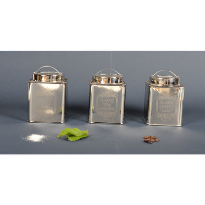 Shiny silver sugar container adding elegance to kitchen decor
