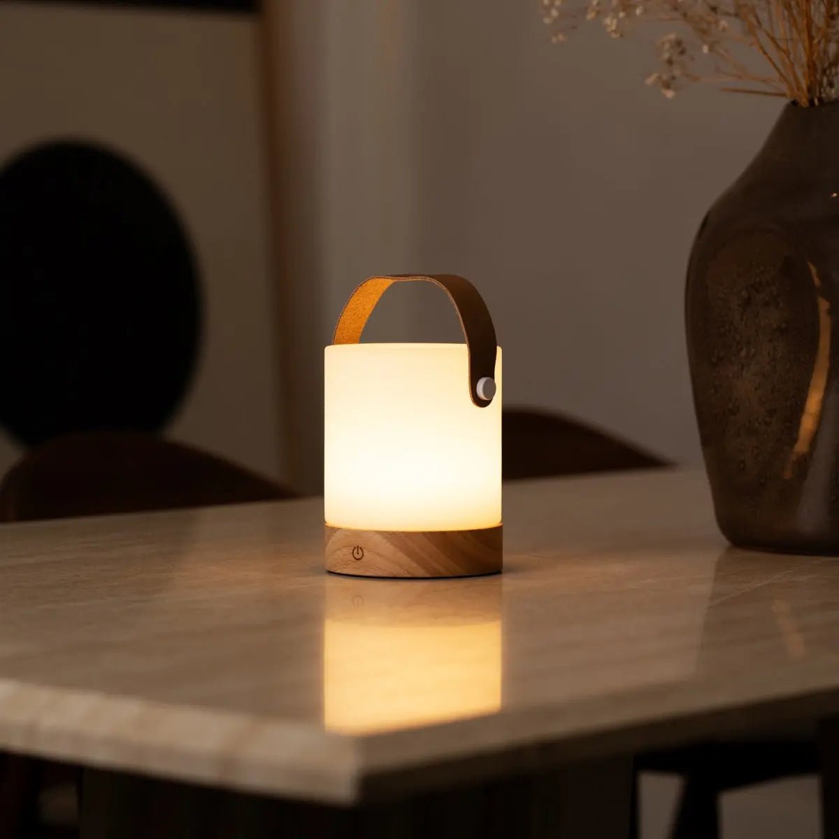 Cordless Avery Lamp resembling modern lantern for indoor outdoor lighting