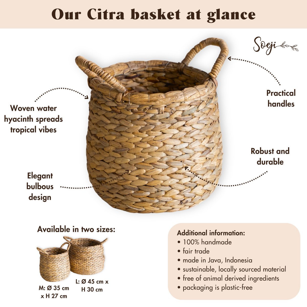 CITRA water hyacinth basket, large boho laundry storage with handles