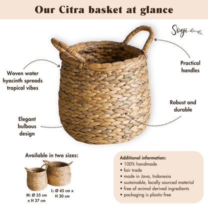 CITRA water hyacinth basket, large boho laundry storage with handles