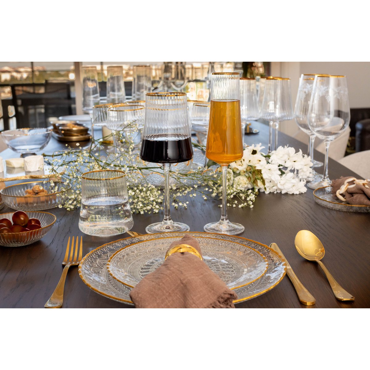 Champagne Flutes with Gilded Rim glass festive table setting
